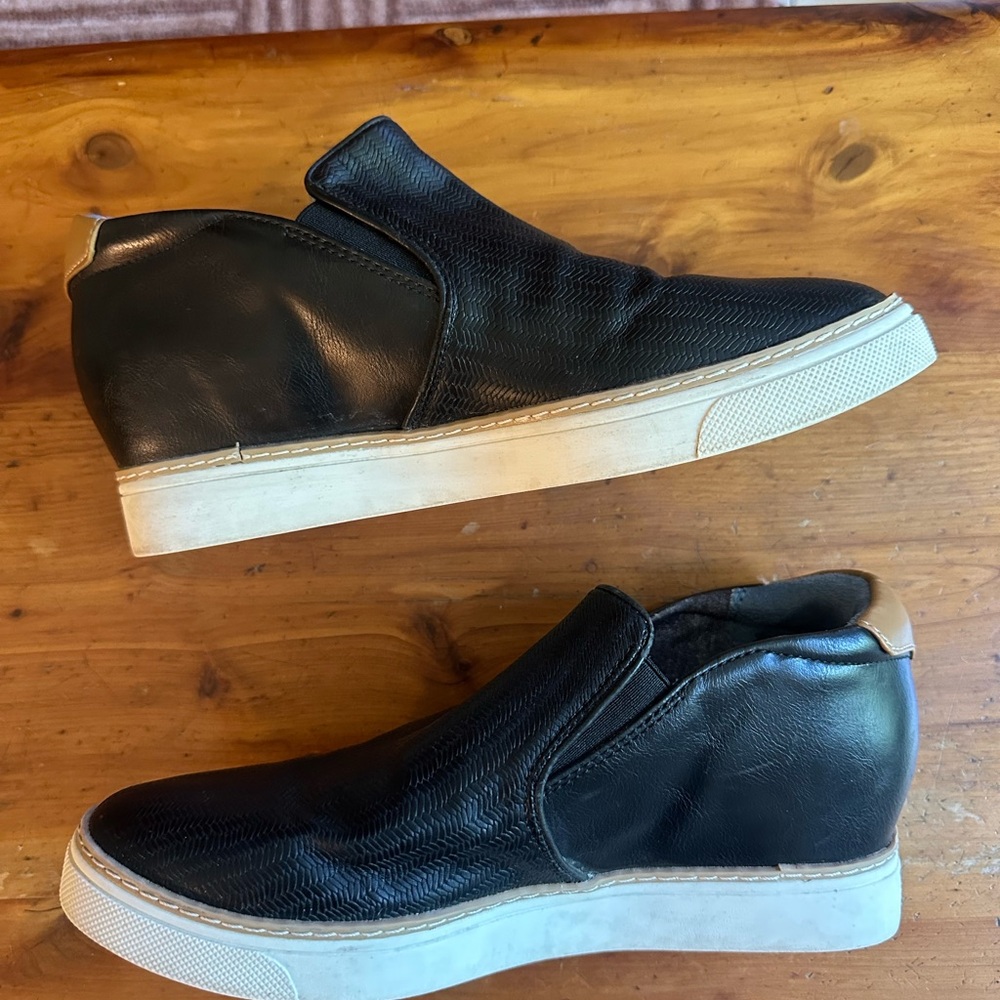 Dr. Scholl's Black Slip-On High-Top Sneakers with White Sole and Tan Heel Accent